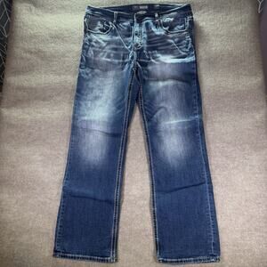 BKE Tyler Bootleg Jeans Pants Mens 38L 40x33 Blue Denim Stretch Straight Buckle